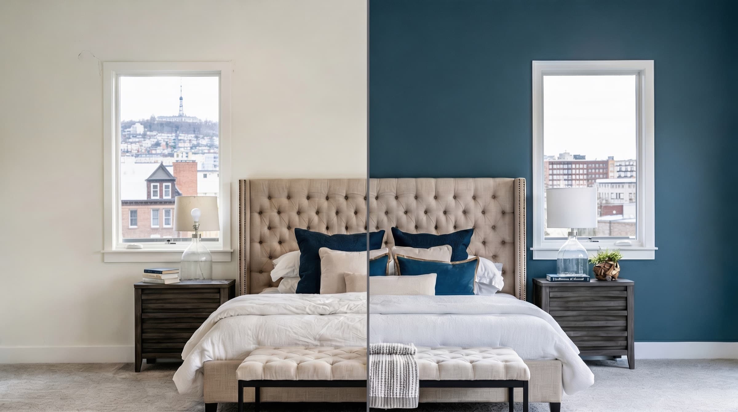 Chambre à coucher montréalaise montrée avant et après une peinture professionnelle : un mur crème terne d'un côté, un bleu nuit soigné de l'autre